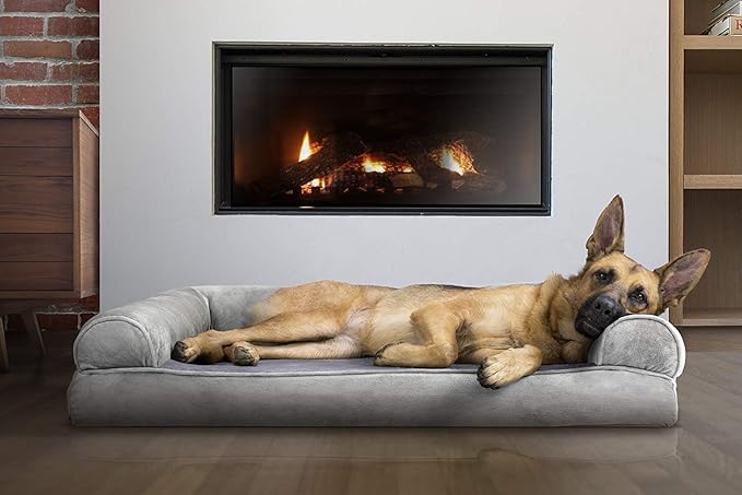 Furhaven Orthopedic Dog Bed for Large Dogs w/ Removable Bolsters & Washable Cover, For Dogs Up to 95 lbs - Faux Fur & Velvet Sofa - Smoke Gray, Jumbo/XL-Mewly Pet