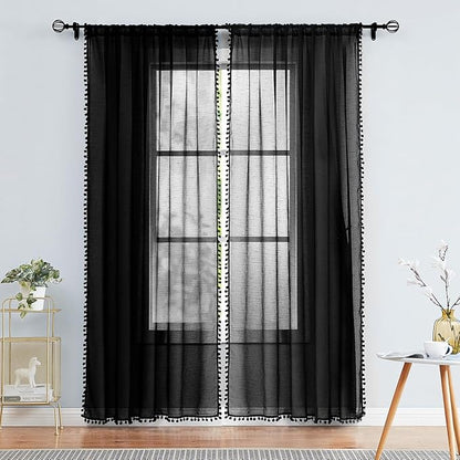 Treatmentex Black Sheer Curtains for Living Room 95" Linen Texture Chic Curtain Panels Pom Pom Trimmed Voile Drapes for Bedroom Office Children's Room 2pcs