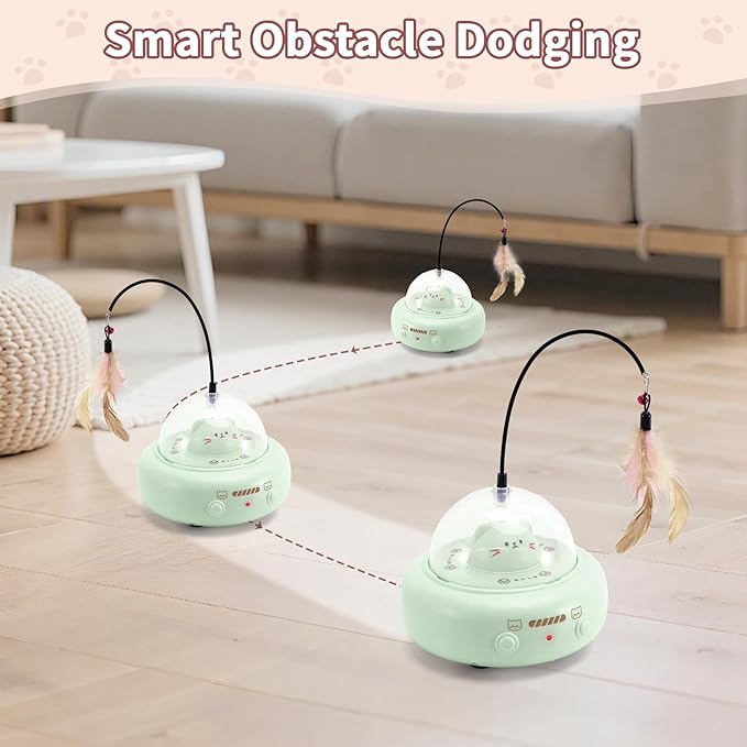 Automatic Cat Toys with Feathers, Interactive Cat Toy for Indoor Exercise, Rechargeable Teasing Toys for Indoor Cats, USB Powered, Smart Standby&Obstacle Avoidance(Green)-Mewly Pet
