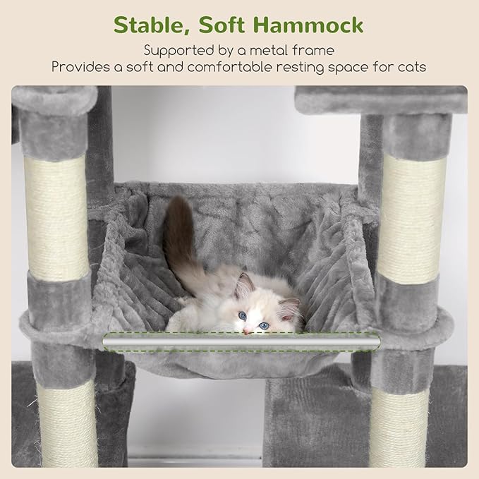 Globlazer Tall Cat Tower, 76 inch Multiple Level Cat Climbers for Indoor Cats, XL Cat Tree with 5 Scratching Posts, 2 Cat Condos, Hammock, 2 Hanging Baskets, F76B, Light Grey-Mewly Pet