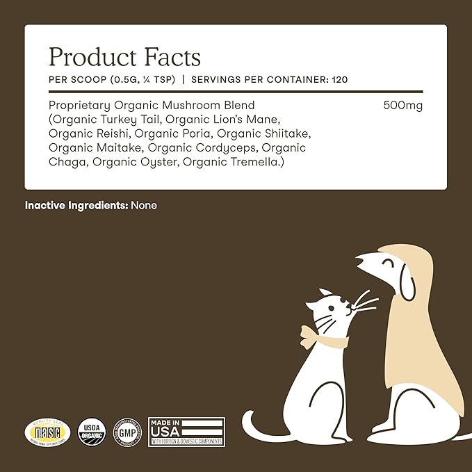 Fera Pets Mushroom Supplement for Dogs & Cats with Turkey Tail - USDA Organic - Cognitive and Immune Support - Enhances Liver Function - Supports a Healthy Gut - Powder - 120 Scoops-Mewly Pet