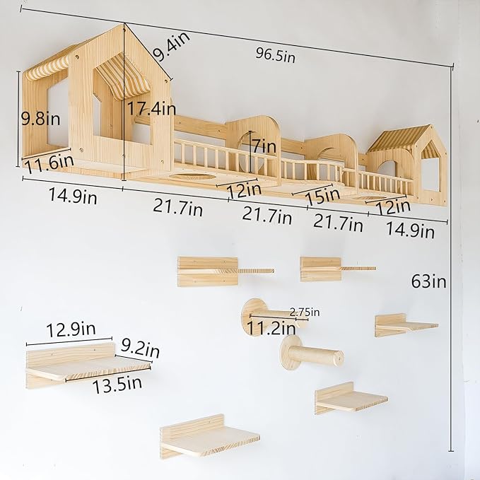 Cat Wall Shelves and Furniture Set with Condos, Perches, Bridge Ladders, Sisal Scratching Posts - Steps and Houses for Cats (D)-Mewly Pet