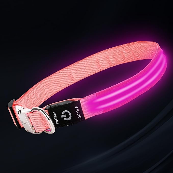 LED Dog Collar with Metal Buckle - USB Rechargeable Glow Collar for Dogs, Waterproof Light Up Dog Collar w/Reflective Strips - Adjustable Night Safety Collars by PetIsay(Pink,Large)-Mewly Pet