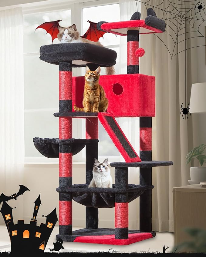 Taoqimiao Gothic Cat Tree 57.5-Inch, Cat Tower for Indoor Cats Large Adult, Extra Large Cat Condo, 8 Sisal Scratching Posts, Metal Frame Cozy Hammock, Durable Scratch Board, 2 Top Perches, MS026BR-Mewly Pet