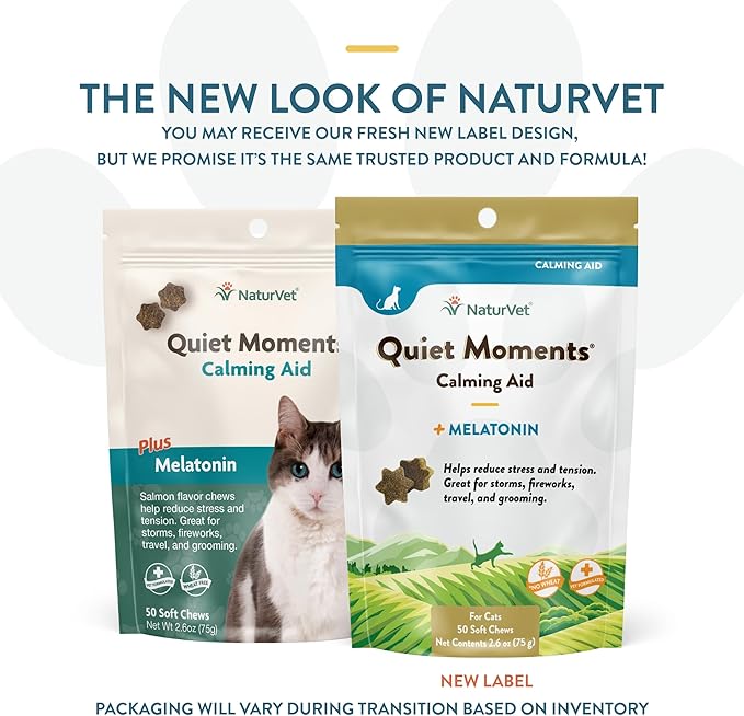 NaturVet Quiet Moments Calming Aid Cat Supplement Plus Melatonin – Helps Reduce Stress in Cats – for Pet Storm Anxiety, Motion Sickness, Grooming, Separation, Travel – 50 Ct. Soft Chews-Mewly Pet