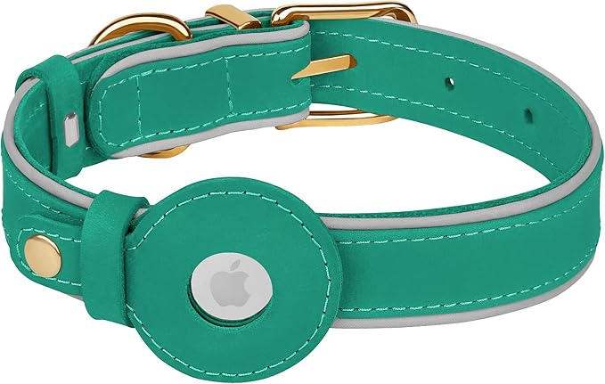 OOPSDOGGY Reflective Geniune Leather Airtag Dog Collar Soft Padded Collars for Small Medium Large Breed Dogs Puppy, 4 Sizes, 7 Colors (Teal, Large, 15"-19")-Mewly Pet