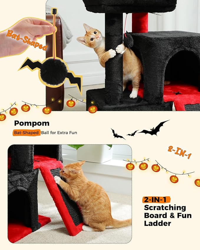 PAWZ Road Gothic Cat Tree, 30 Inches Black Cat Tower with Dual Condos for Indoor Cats, Spooky Cat House with Padded Perch, Scratching Ramp and Posts and Bat Toys-Mewly Pet