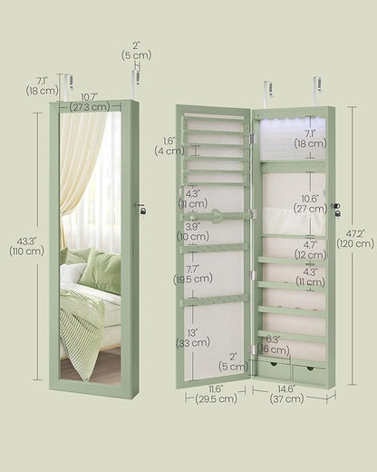 SONGMICS 6 LEDs Mirror Jewelry Cabinet, 47.2-Inch Tall Lockable Wall or Door Mounted Jewelry Armoire Organizer with Mirror, 2 Drawers, Christmas Gift, 3.9 x 14.6 x 47.2 Inches, Laurel Green