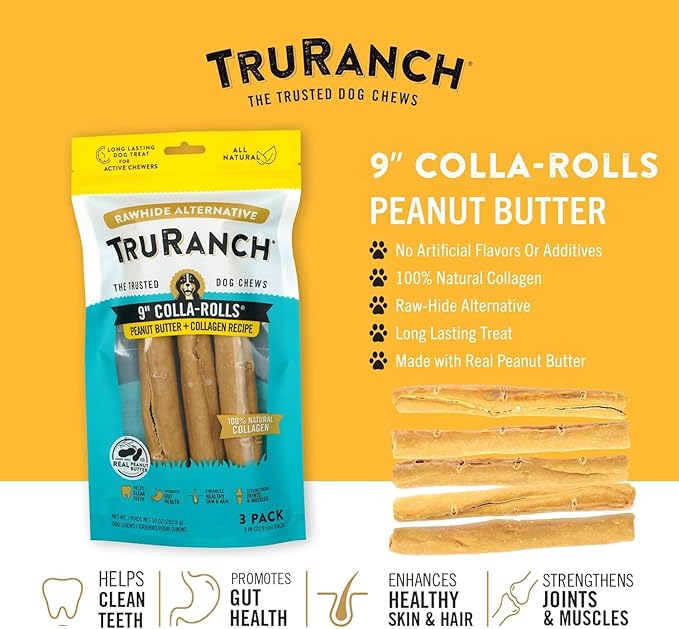 Collagen Rolls - 9" Collagen Rolls for Dogs - Long Lasting Healthy Joint Support - Rawhide Alternative - Skin & Coat Health - Made with Real Peanut Butter, Value Pack, 3 Bags, 9 Count-Mewly Pet