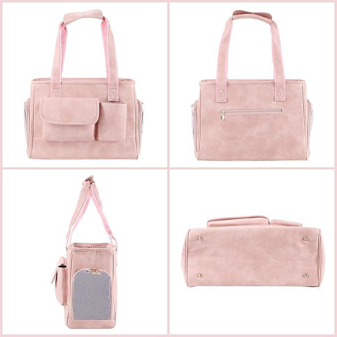 Dog Carrier Purse, Fashion Leather Pet Carrier Bag, Airline Approved Soft Sided Cat Travel Tote Bag with Pockets Pink-Mewly Pet