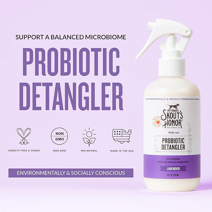 Skout's Honor Pet Detangler Spray - Hydrating & Conditioning with Avocado Oil & Probiotics, 97% Natural, Paraben & Sulfate-Free, softens for a More brushable Coat, Daily Use, 8oz, Lavender-Mewly Pet