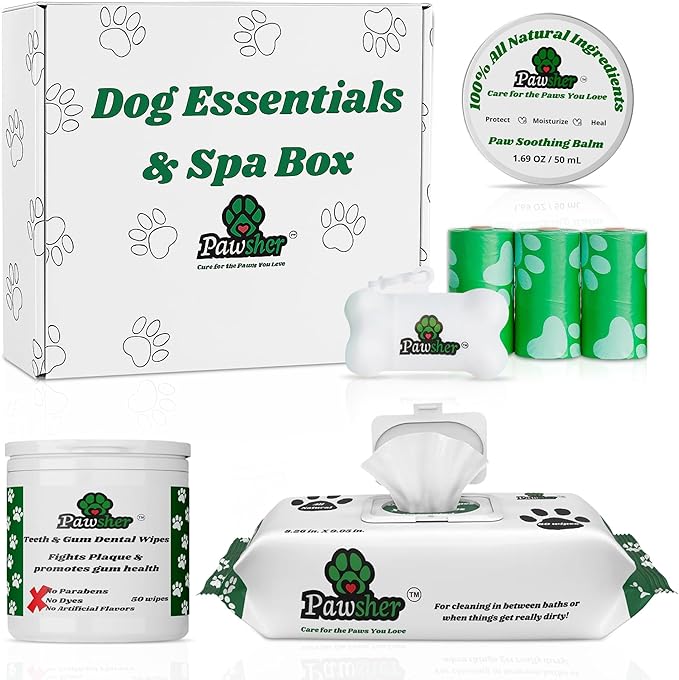 Puppy Essentials Kit Contains Dog Wipes for Paws and Butt, Nourishing Paw Balm, Teeth Cleaning Wipes & Poop Bags Set | Dog Camping Essentials and Travel Accessories-Mewly Pet