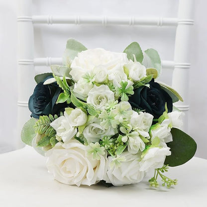 Wedding Bridesmaid Bouquet Set of 4 - Artificial Flowers Bouquets for Bridesmaids Pre-Made 7 Inch Faux Small Floral Bouquets Bridal Shower, Wedding, Ceremony, Anniversary - White Teal Blue
