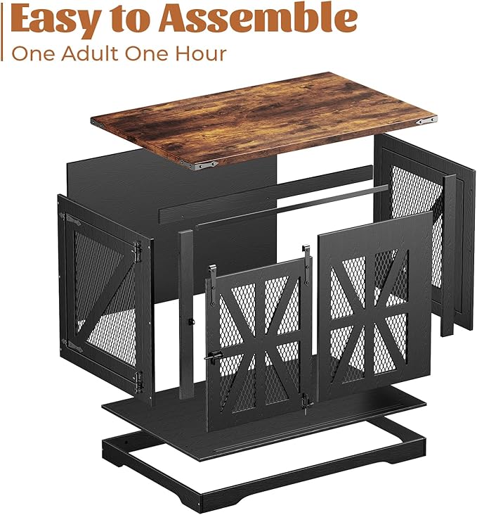 VOPEAK 40" Farmhouse Dog Crate Furniture, Heavy Duty Dog Cage for Medium Large Dogs, Dog Crate Dog Kennel Indoor with Double Doors, Chew Resistant End Table for Bedroom Living Room, Black-Mewly Pet