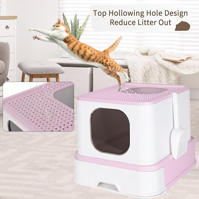 RIZZARI Foldable Cat Litter Box,Cat Box with Drawer, Large Capacity Litter Box with Lid, Top Opening Litter Pan for Small to Big Cats (Pink)-Mewly Pet