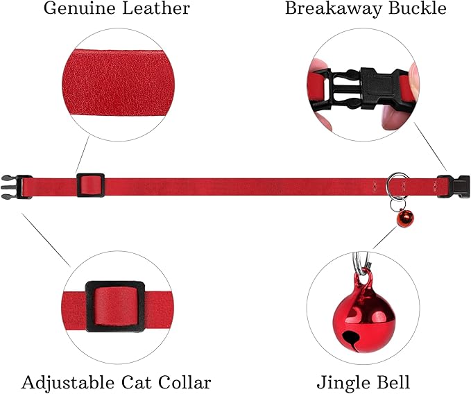 Breakaway Cat Collar Leather with Removable Bell - 13 Colors Available - Soft Adjustable Girl Boy Safety Lightweight Pet Kitten Collars Pink Brown Blue Green Red Orange Black (Red)-Mewly Pet