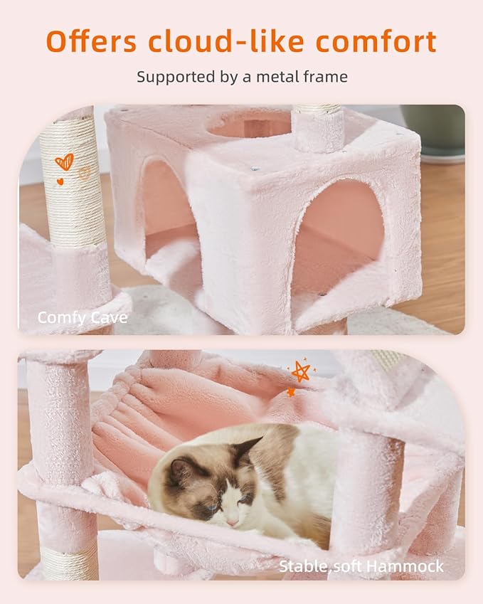 Taoqimiao Cat Tree 71-Inch, Cat Tower for Indoor Cats Large Adult, Multi-Level Large Cat Condo, 8 Sisal Scratching Posts, Metal Frame Cozy Hammock, Scratch Board, 2 Top Perches, Jelly Pink MS026LP-Mewly Pet