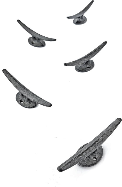 5 Pack Decorative Cast Iron Heavy Duty Double Hooks, Wall Mounted Coat Hooks, Vintage Inspired (Antique Black) (Mooring Type)