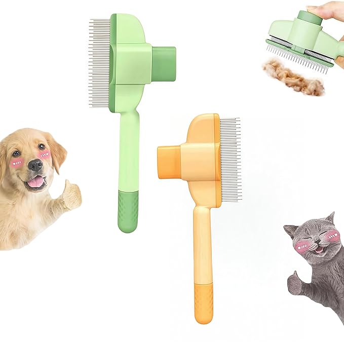 Zen Brush for Cats & Dogs, Avatore Zenbrush Pet Comb, Self-Cleaning Grooming Brush, Stainless Steel Teeth for Shedding Hair Removal 2-pack (Green+Yellow)-Mewly Pet