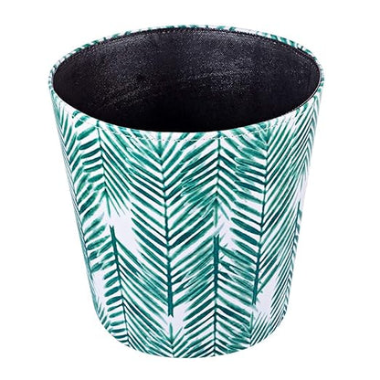Paper Wastebasket Without Lid PU Leather Round Decorative Trash Bin Garbage Can Dustbin for Hotel Dormitory Kitchen Bedroom Bathroom Office Green Leaves