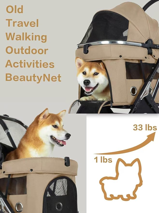 JK Pawadore 4 Wheels Pet Stroller Best Lightweight Foldable Portable Secure Easy Lock NO-Zip 180 ̊ Canopy Sun Shades Waterproof for Small/Medium Dogs 33lbs with Large Storage Basket (Khaki)-Mewly Pet