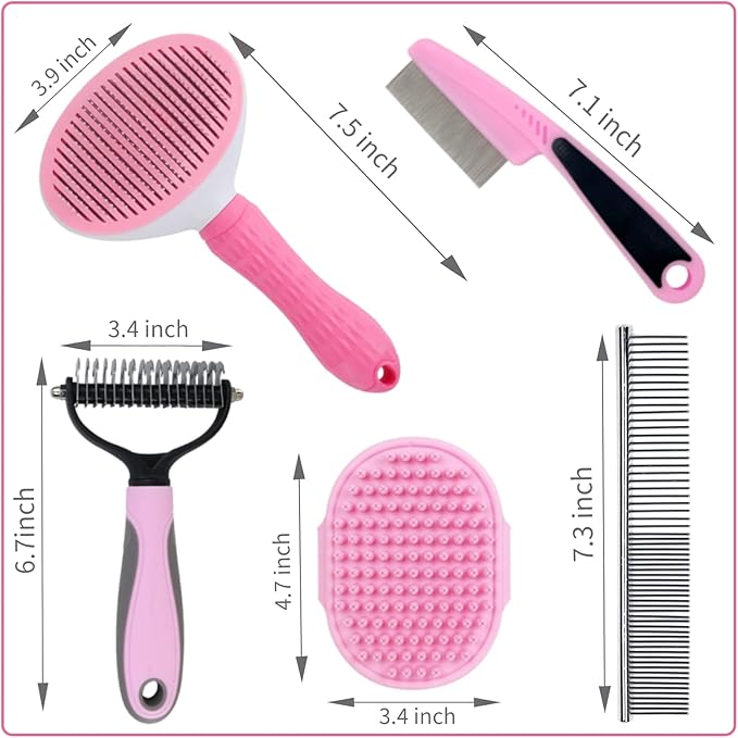 Dog Grooming Kit - Deshedding Brush for Short Hair, Slicker Brush, Flea Comb, Puppy Brush Set in Pink-Mewly Pet
