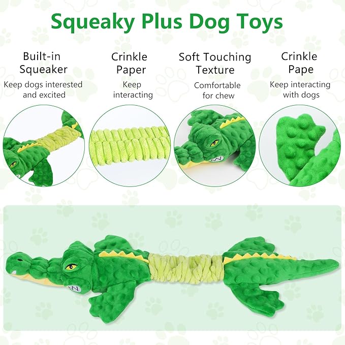 Large Squeaky Alligator Dog Toys, Interactive Puppy Toys with Crinkle Paper, Pull Tug of War Dog Toy, Plush Dog Chew Toys for Small, Medium, Large Breed-Mewly Pet