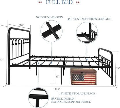 YALAXON Vintage Sturdy Full Size Metal Bed Frame Basic with Headboard and Footboard,No Box Spring Needed,Under Bed Storage (Full,Black)