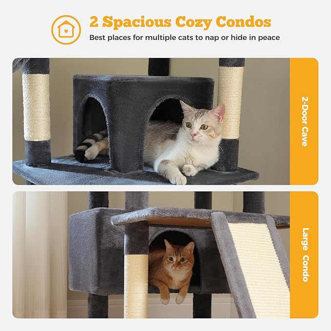 81" Heavy Duty Cat Tree for Large Cats up to 20lbs - Extra Tall Cat Tower with Metal Frame Hammock, 6 Sisal Scratching Posts, 2 Perches - Indoor Cat Furniture for Maine Coon, Dark Gray-Mewly Pet