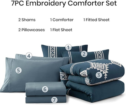 MaiRêve Embroidery Full Size Comforter Set Navy Blue, Farmhouse Western Boho Bedding Set 7 Pieces, All Season Bed in A Bag Comforter Set with Sheets, Pillowcases & Shams