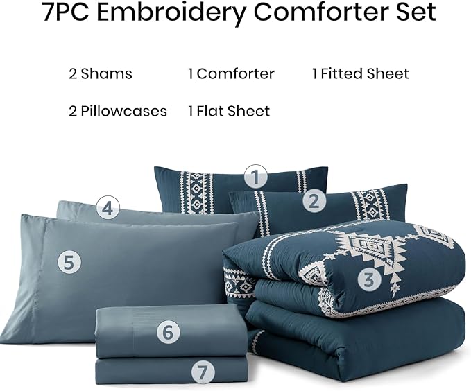 MaiRêve Embroidery Queen Size Comforter Set Navy Blue, Boho Farmhouse Western Bedding Set 7 Pieces, All Season Bed in A Bag Comforter Set with Sheets, Pillowcases & Shams