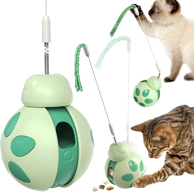 Cat Treat Interactive Toy, Indoor Puzzle Slow Feeding Mental Stimulation Sliding Rolling Cat Toy Ball with Cat Teaser, Cat Treat Dispenser Toy for Large, Medium and Small Cats (Green, ladybug)-Mewly Pet