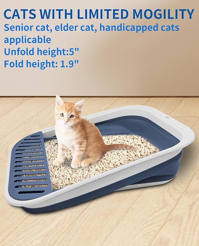 BNOSDM Collapsible Small Cat Litter Box for Kittens Open Potty Pan Foldable Cat Toilet with Scoop Senior Kitty Travel Shallow Litters Boxes Anti-Splash Waterproof Blue 17.7"×13.4"-Mewly Pet