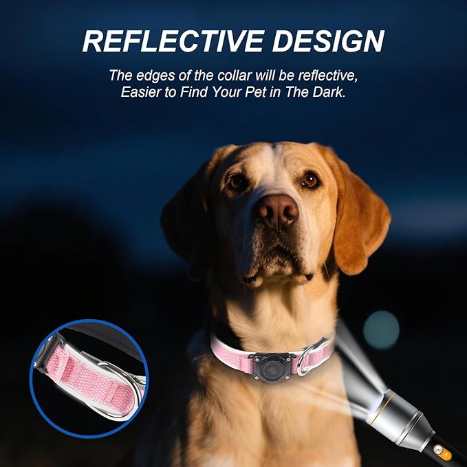 Waterproof Airtag Dog Collar - Nylon Collar with Durable Airtag Holder, Reflective&Anti-Lost with Safety Metal Buckle, Soft Padded Adjustable for Small Medium Large Dogs Pink S-Mewly Pet