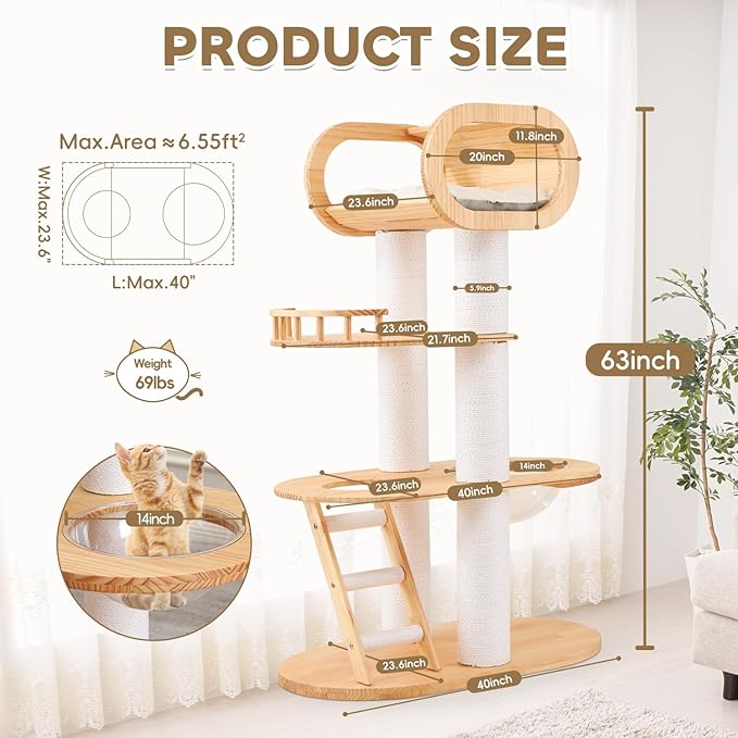 63'' Tall Modern Cat Tree for Indoor Cats, Luxury Cat Tree, Multi-Level Wood Climb Tower for Large Cat, Heavy Duty Kitty House with Transparent Bowl, Large Perches with Removable Cushion-Mewly Pet