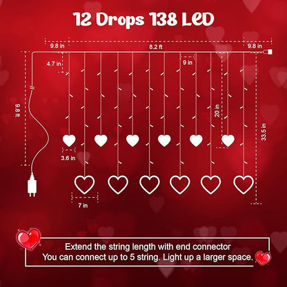 Valentines Day Decor, Red Love Heart String Lights for Bedroom, 12 Hearts 138 LED Fairy Twinkle Lights with Remote, 8 Lighting Modes Connectable Window Lights for Valentine's Day Wedding Home Decor