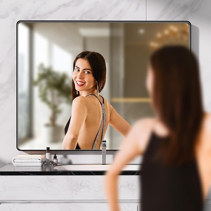 Hasipu Black Bathroom Mirror for Wall, 59 x 40 Inch Metal Framed for Over Sink, Rectangle Vanity Mirror, Anti-Rust, Tempered Glass, Horizontal or Vertical