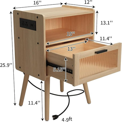 Mid Century Modern Nightstand with Charging Station, Bedside Tables with Glass Drawer, End Table Side Table with 2 Tiers Storage Space, for Bedroom, Living Room, Natural