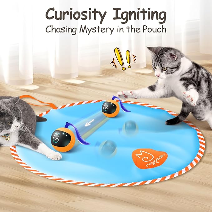 Migipaws Interactive Cat Ball Toy Set, Fun Tracker, Glowing Chase Ball with MystiChaser Pouch, Fluffy Tail, A Small Mice (Orange)-Mewly Pet