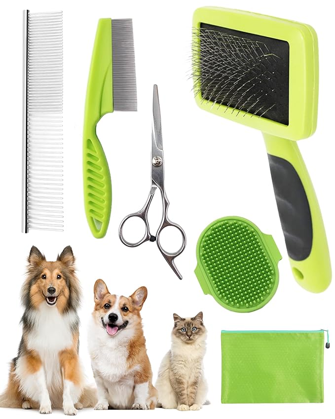 Dog Brush for Shedding Grooming,6 Pack Long-Pin Brush Set for Long Haired Dog Cat Goldendoodles Poodles Doodles Green-Mewly Pet