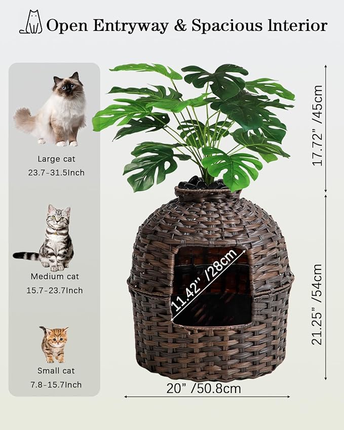 Cat Litter Box Plant Furniture Enclosure, Hidden Handwoven Rattan with Cat Litter Box and Artificial Plants, Odor Control Filter, Real Stones in Living Room, Bedroom, Corner (Brown)-Mewly Pet