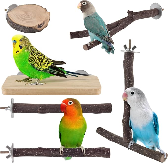 Bird Perches, 6 Pcs Natural Wood Parrot Perch Stand Chew Toys, Hanging Multi-Branch Parrot Perch Platform Swing Toy Cage Accessories for Small Parakeets, Budgies, Lovebirds, Canaries, Finches-Mewly Pet