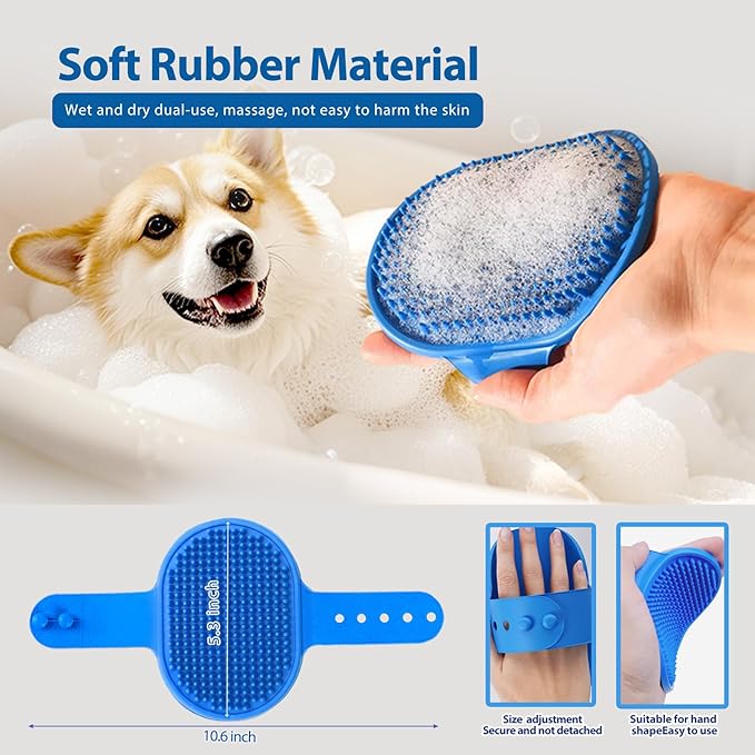 4Piece Dog Grooming Brush Set with Grooming Gloves, Deshedding Comb & Massage Bath Brush - Multifunctional Pet Hair Removal Tools for Shedding, Bathing, Brushing (Blue)-Mewly Pet