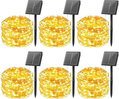 Minetom Solar String Lights for Outside, 6 Packs Total 198Ft 600 LED Outdoor Solar Fairy Lights, 8 Modes Balcony Lights for Tree Patio Christmas Party Wedding Decor (Warm White)