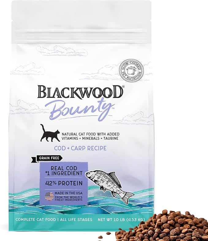 Blackwood Bounty Dry Cat Food, Cod & Carp Recipe for All Life Stages, 10 Pound Bag, High Protein, Grain Free-Mewly Pet
