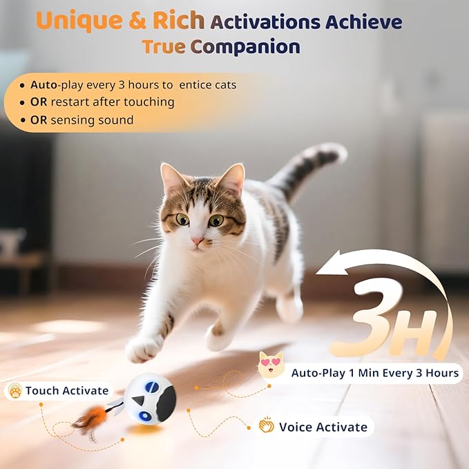 ORSDA Cat Ball Toys, Interactive Cat Toy for Indoor Bored Indoor Cats Kitten Toys, Automatic Electric Bird Moving Ball Toy, 4 Mode Voice & Touch Control Rolling Chirping Stimulating, 2 Feather Tails-Mewly Pet