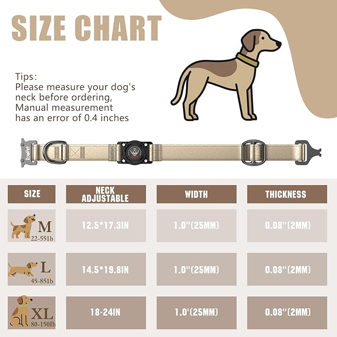 Airtag Dog Collar - Leather Dog Collar with Airtag Holder| IP68 Waterproof AirTag Holder with Metal Buckle, Comfortable GPS Dog Collars Tracker for Medium Large Dogs (Champagne Gold, M)-Mewly Pet