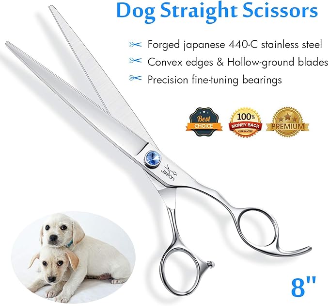 JASON 8" Straight Dog Grooming Scissors Long Pets Grooming Shears Premium Cats Trimming Kit with Offset Handle and a Jewelled Screw Sharp Comfortable-Mewly Pet