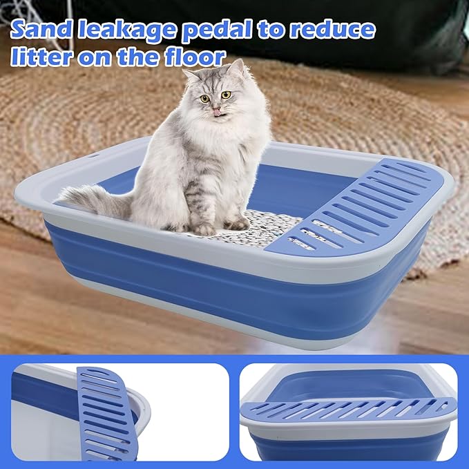 Collapsible Small Cat Litter Box,Open Top Cats Litter Pan with Scoop Foldable Shallow Kitten Potty Toilet Waterproof Cat Travel Litterbox Anti-Splashing Low Entry Semi-Enclosed Easy Clean(Blue)-Mewly Pet