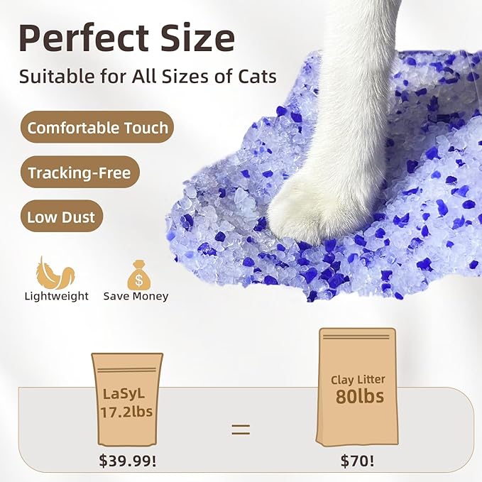LaSyL Premium Crystal Cat Litter - 17.2 lb, Four Months Lasting - Superior Odor Control & Absorption, Non-Clumping, Low Tracking Silica Gel Safe for Pet, White & Blue (4 Bags of 4.3 lb)-Mewly Pet